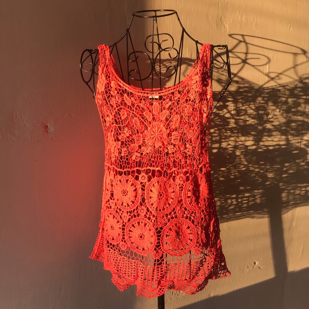 Crochet Coral Hippie Beach Lace Top Cover Loose M